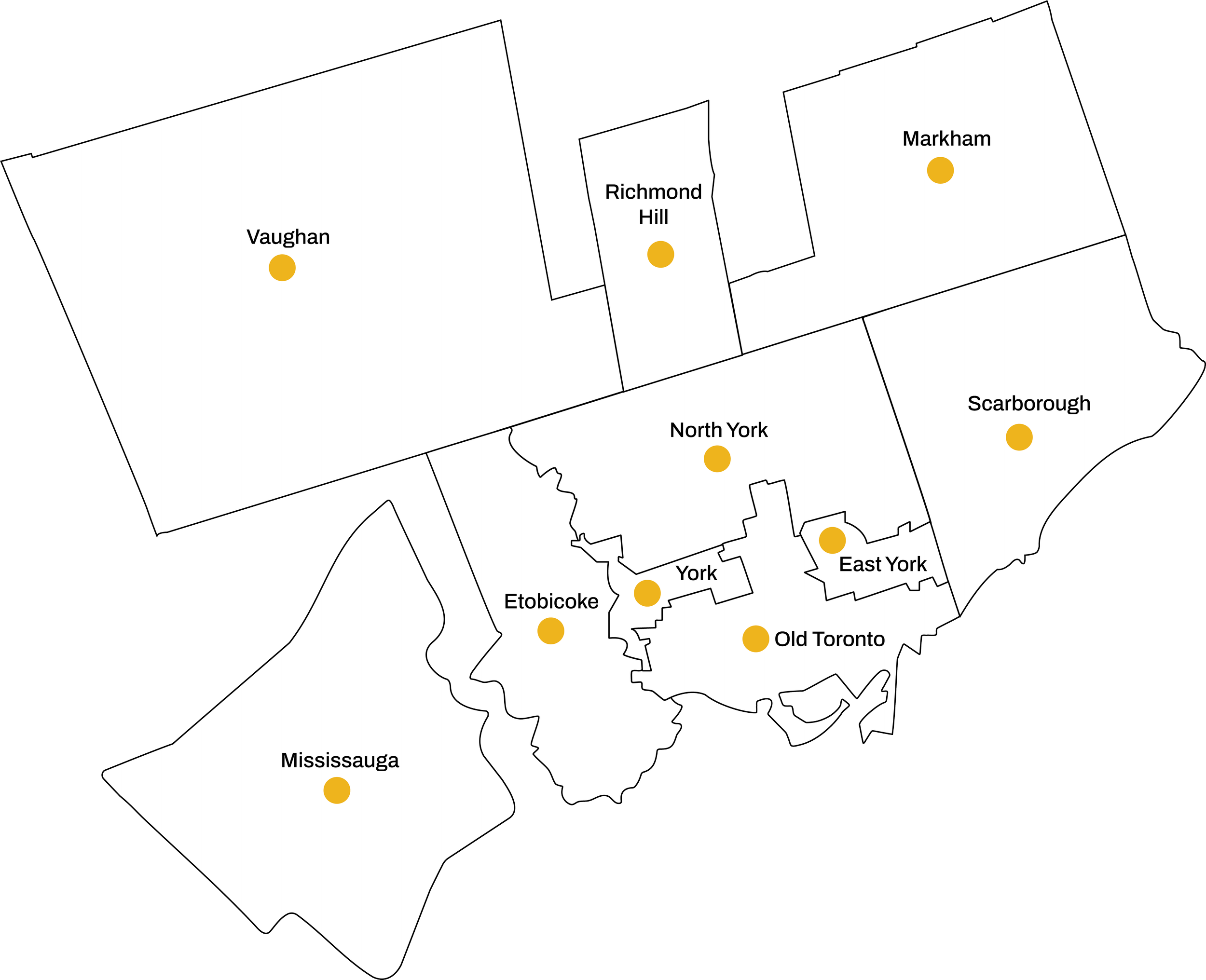 Map of the Greater Toronto Area showing the communities City Brite Electric serves, including Toronto, North York, East York, Richmond Hill, Scarborough, Markham, Mississauga, Etobicoke, Vaughan, Old Toronto and York.