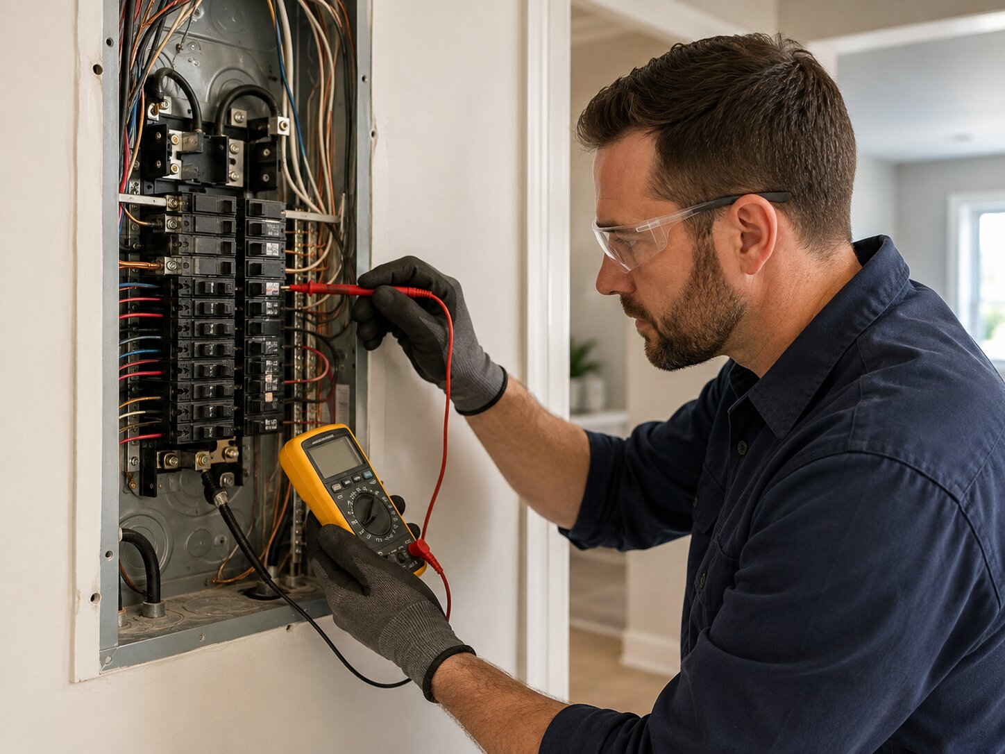 Electrician troubleshooting an electrical panel with a digital meter