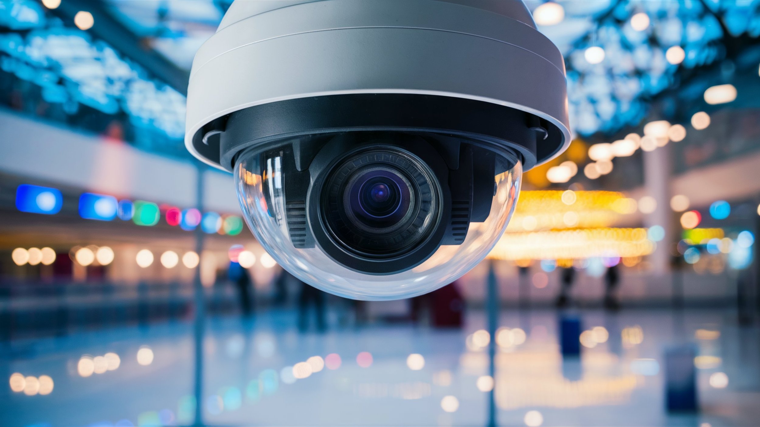 Security camera hanging from the ceiling of an indoor space, with blurred colorful lights and people in the background.